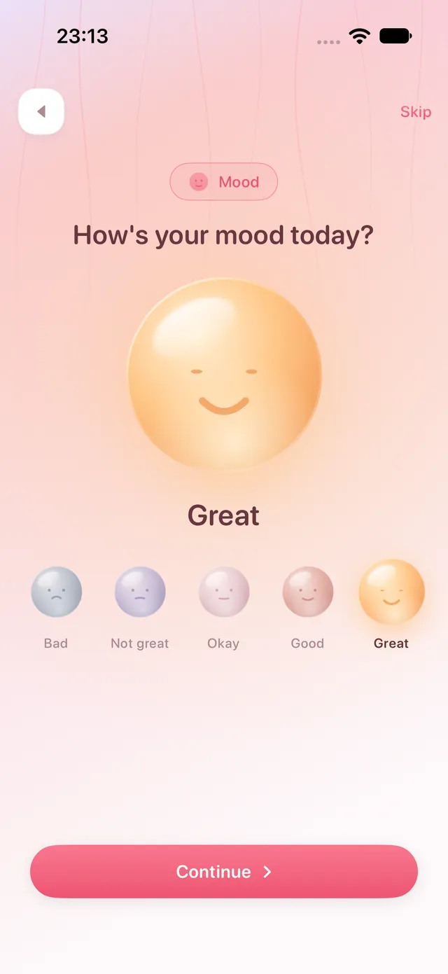 GIA mood screen: five glass spheres, “Great” selected